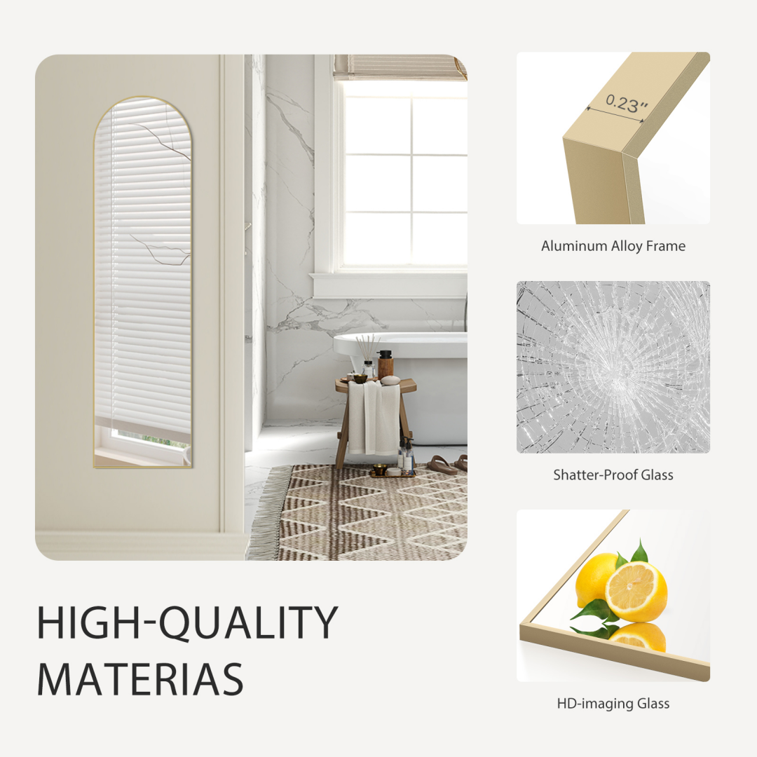 Full Length Arch Mirror, 56 x 15 Inch Gold Aluminum Frame Floor Standing Mirror