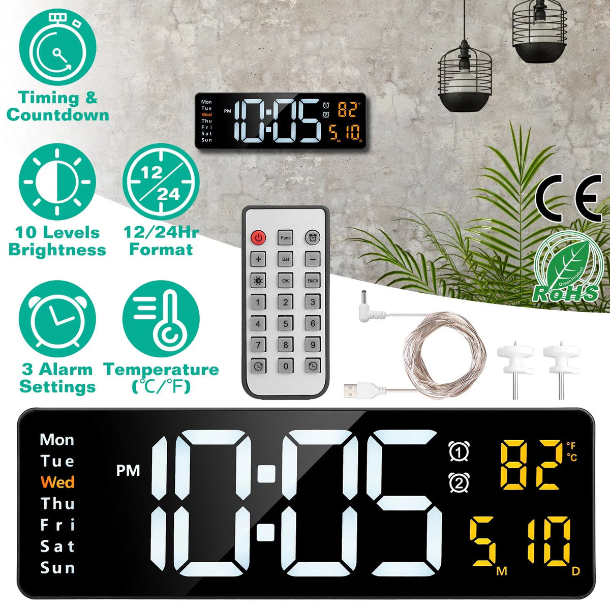LED Digital Wall Clock, 15.7 in Black Display With Remote, 3 Alarms, Temperature and Calendar