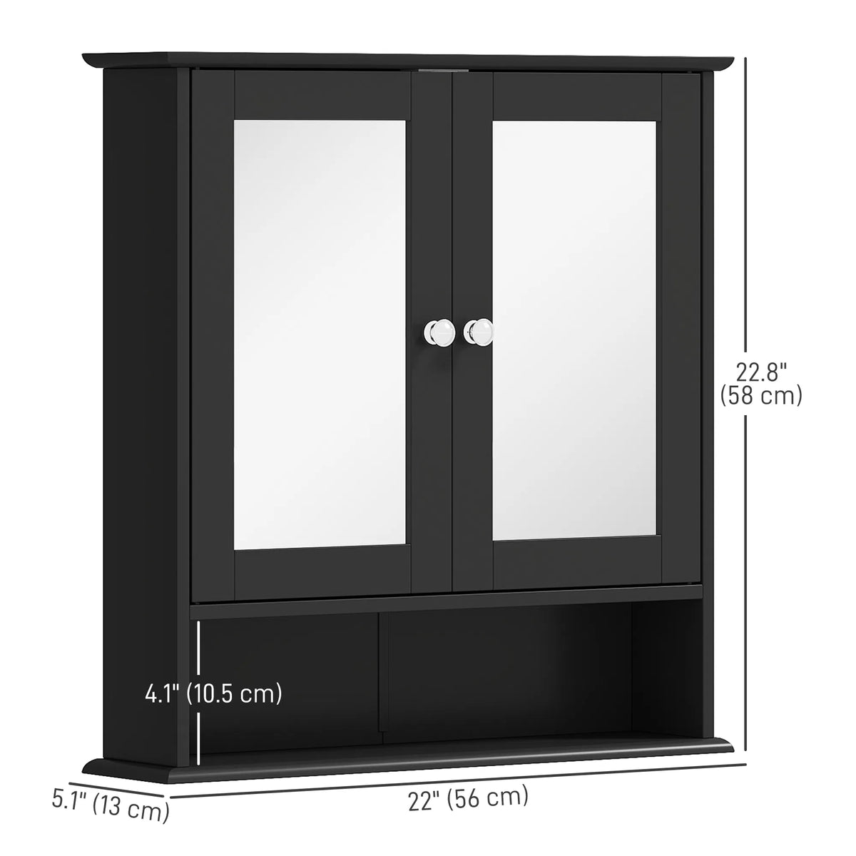 Wall-Mounted Bathroom Mirror Cabinet with Double Doors, Adjustable Shelf and Open Shelf, Black Medicine Cabinet, 22" x 22.75"