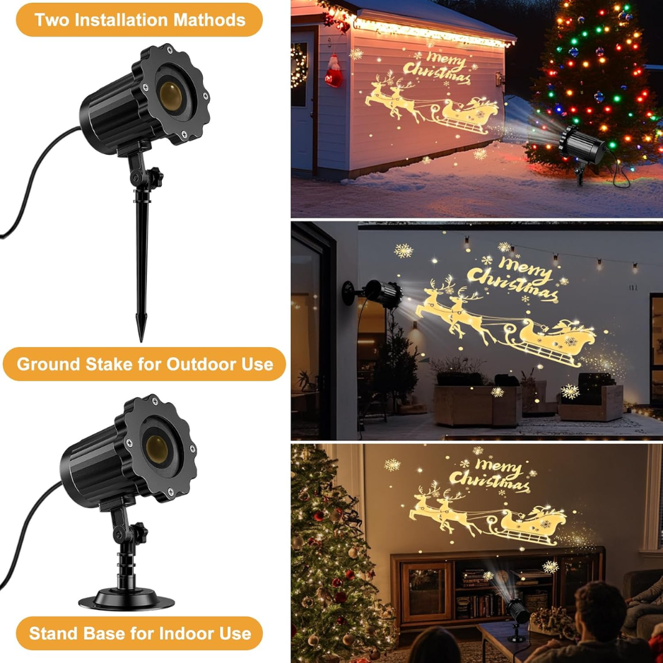 Christmas Projector Light, 3D Dynamic Santa Sleigh and Reindeer Projection for Indoor and Outdoor, Waterproof, Black
