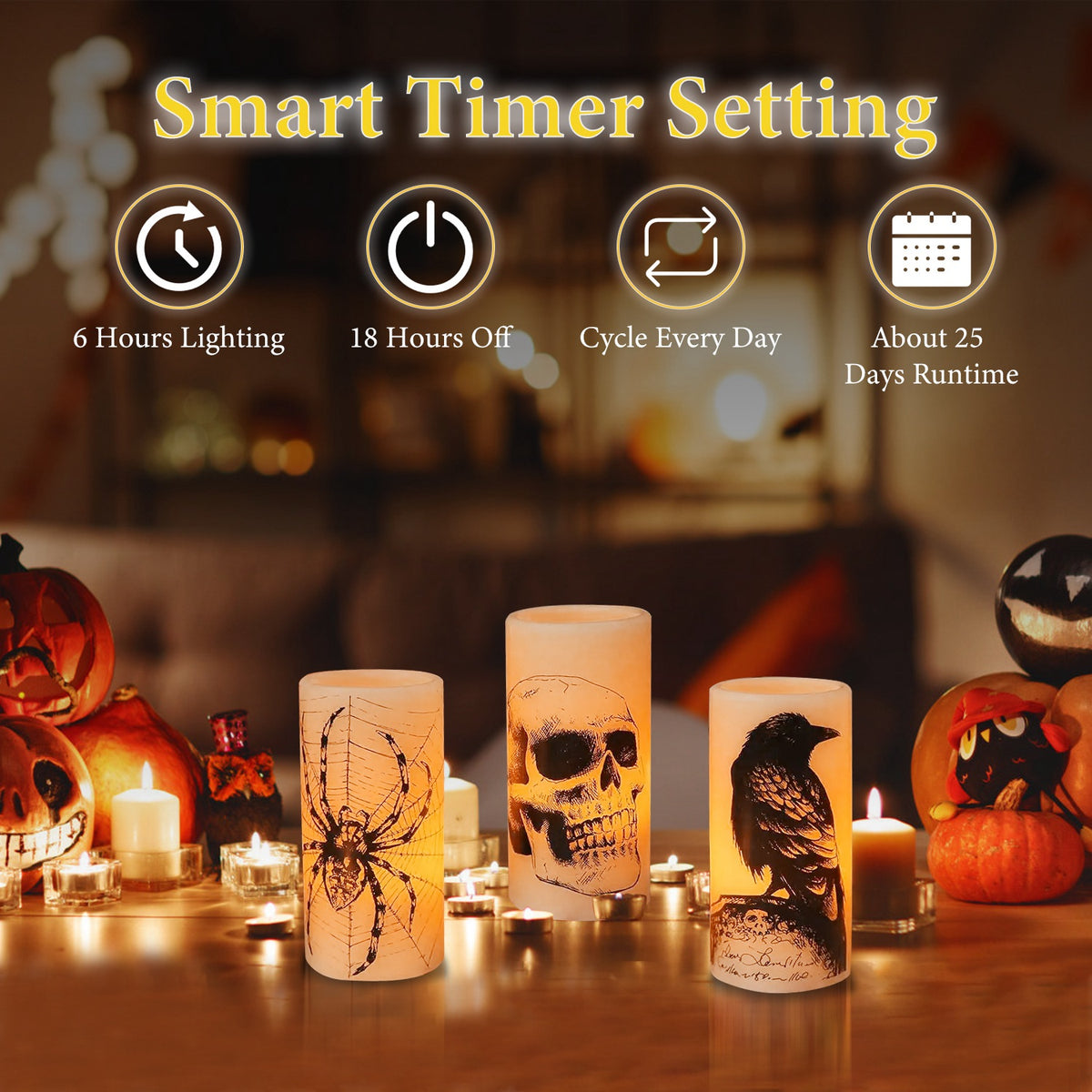 Halloween Flameless LED Candles, Set of 3 Battery Operated Pillar Candle Lamps With 6-Hour Timer, Warm Orange Light