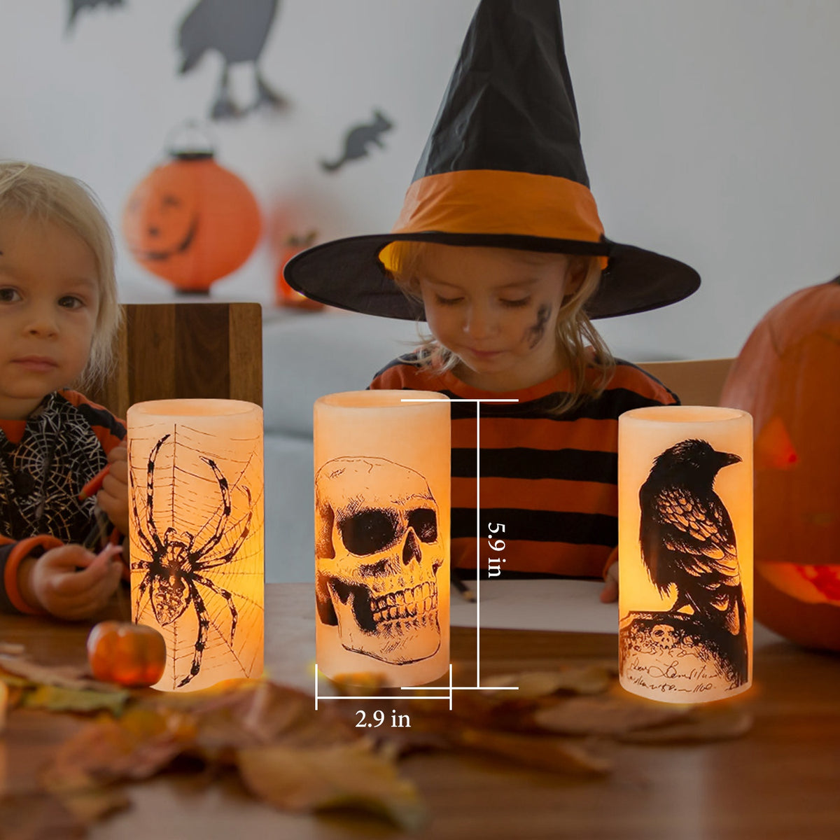 Halloween Flameless LED Candles, Set of 3 Battery Operated Pillar Candle Lamps With 6-Hour Timer, Warm Orange Light