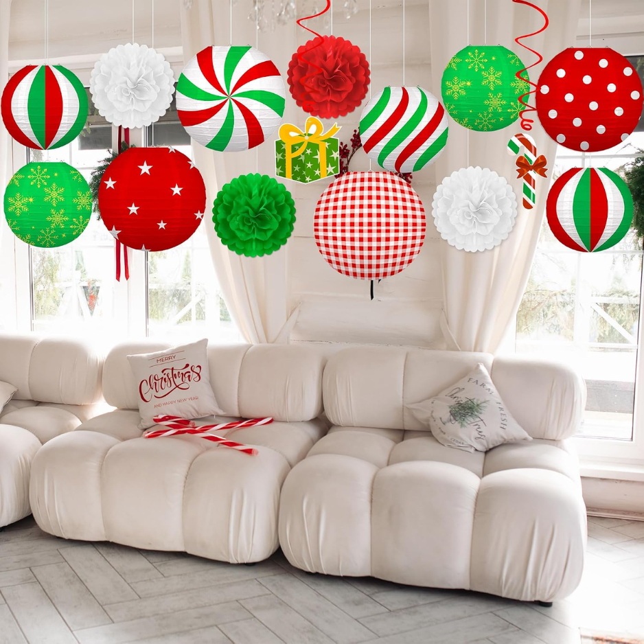 Christmas Paper Lantern and Pom Pom Set, 15 Piece Red White Green Hanging Holiday Decorations with Swirls