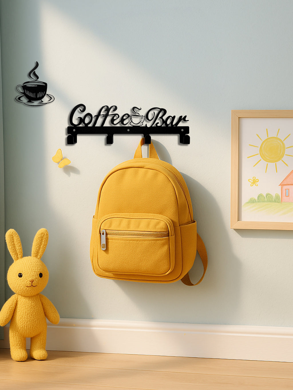 Coffee Bar Wall Hook Rack With 4 Hooks and Coffee Cup Wall Decor, Black Metal Kitchen Organizer