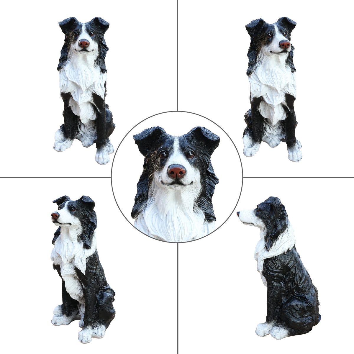 Border Collie Dog Statue, Black and White Resin Garden Greeter Sculpture, 17 in Tall Indoor Outdoor Decor