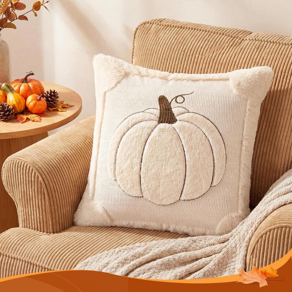 Fall Throw Pillow Covers Set of 2, Reversible Beige Pumpkin Faux Fur Plush Cushion Covers, 18 x 18 Inch