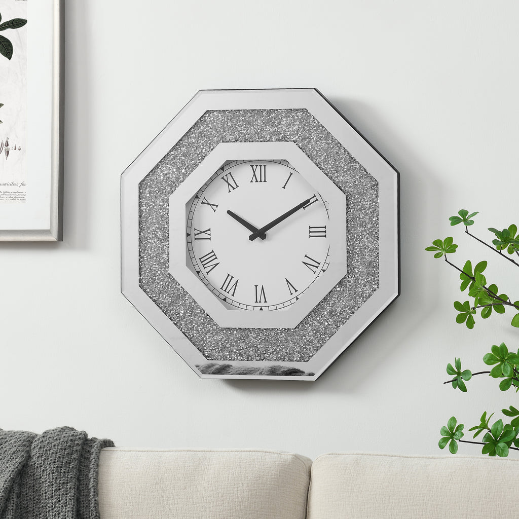 Octagonal Mirrored Wall Clock, 20 Inch Silver Faux Gemstone Glam Decor With Roman Numerals