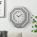 Octagonal Mirrored Wall Clock, 20 Inch Silver Faux Gemstone Glam Decor With Roman Numerals