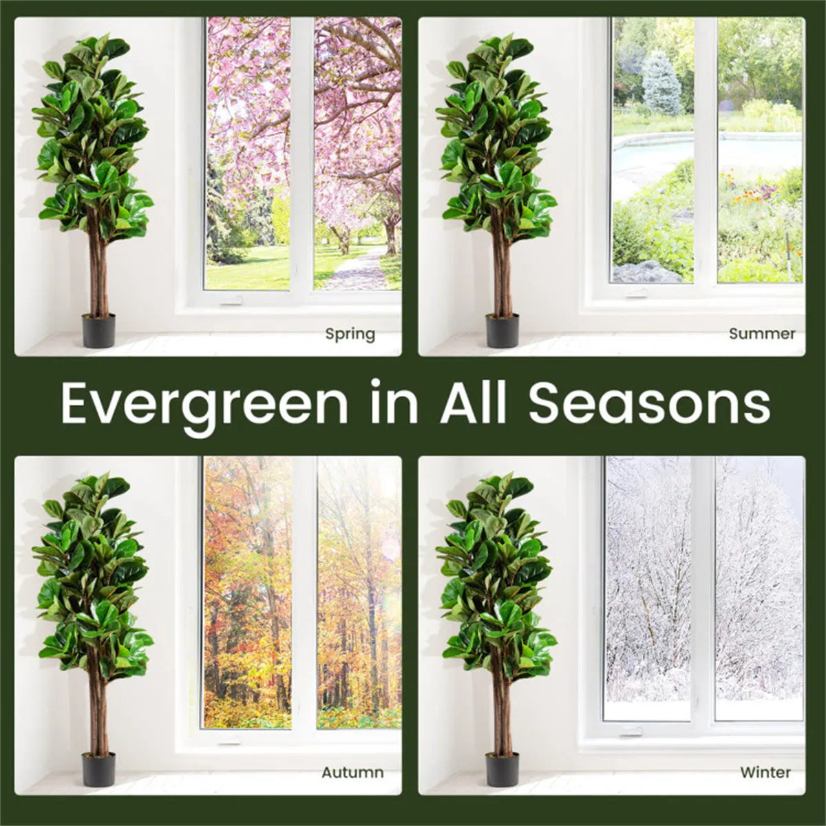 5 Ft Artificial Fiddle Leaf Fig Tree with Black Planter, 180 Green Leaves, Faux Indoor Outdoor Potted Tree