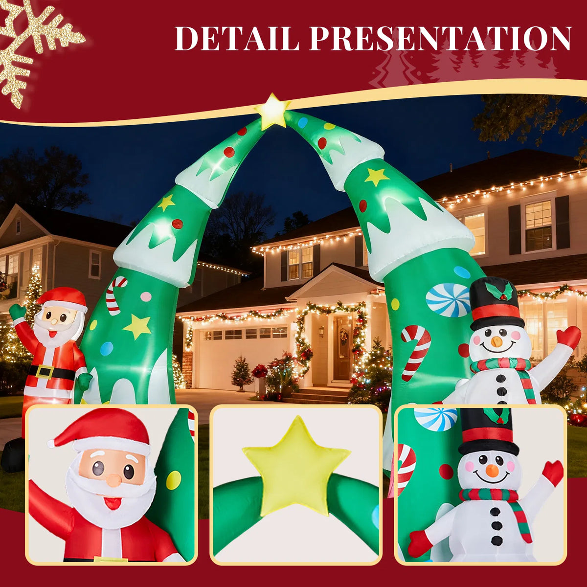 15 Ft Lighted Christmas Inflatable Archway With Santa and Snowman, Blow Up Christmas Tree Arch Yard Decoration