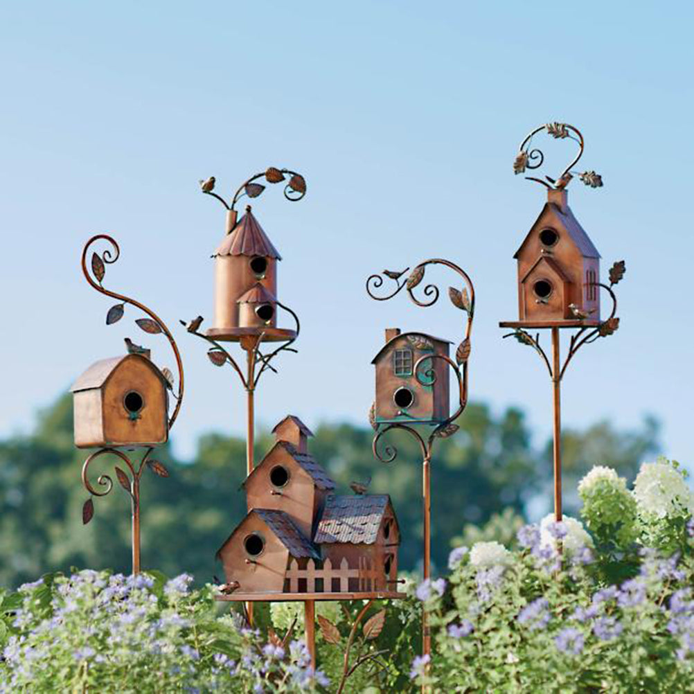 Metal Birdhouse Garden Stake, Cottage Style Bird House With Pole for Yard and Patio Decor