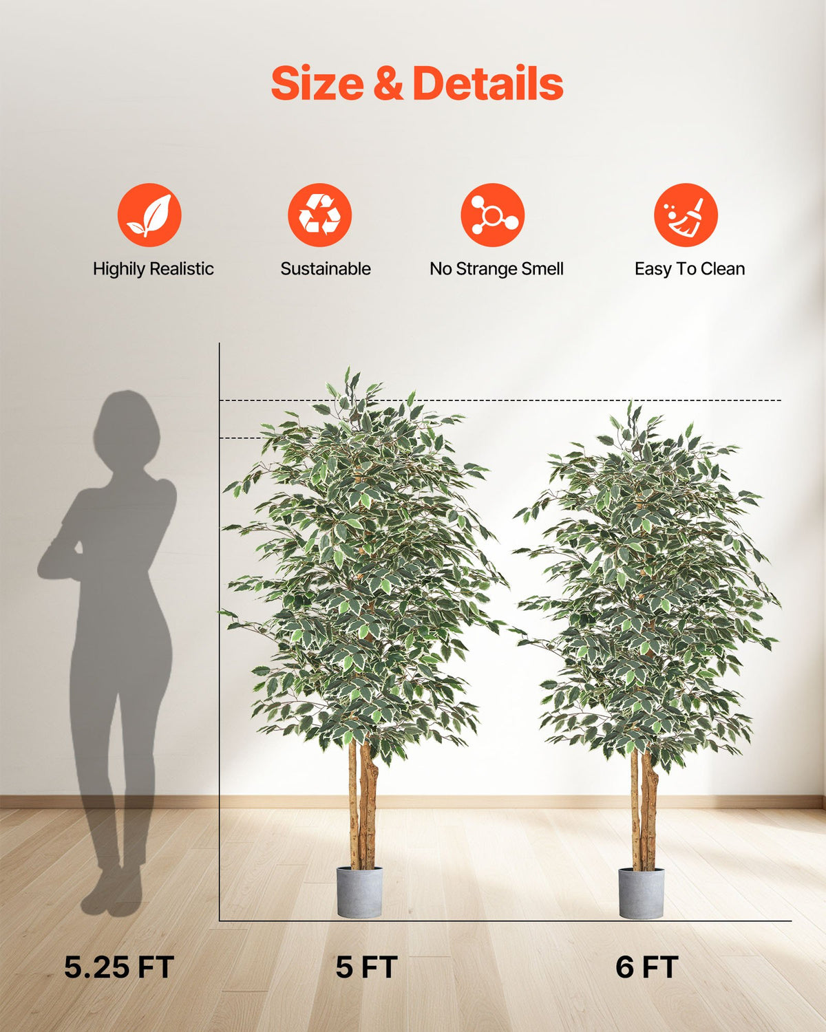 6 Ft Artificial Ficus Tree, Tall Faux Plant With Black Pot for Indoor Decor