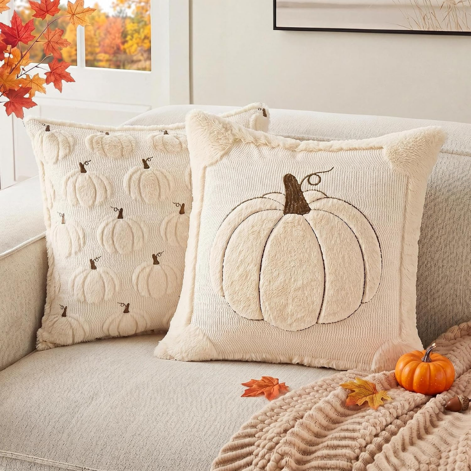 Fall Throw Pillow Covers Set of 2, Reversible Beige Pumpkin Faux Fur Plush Cushion Covers, 18 x 18 Inch