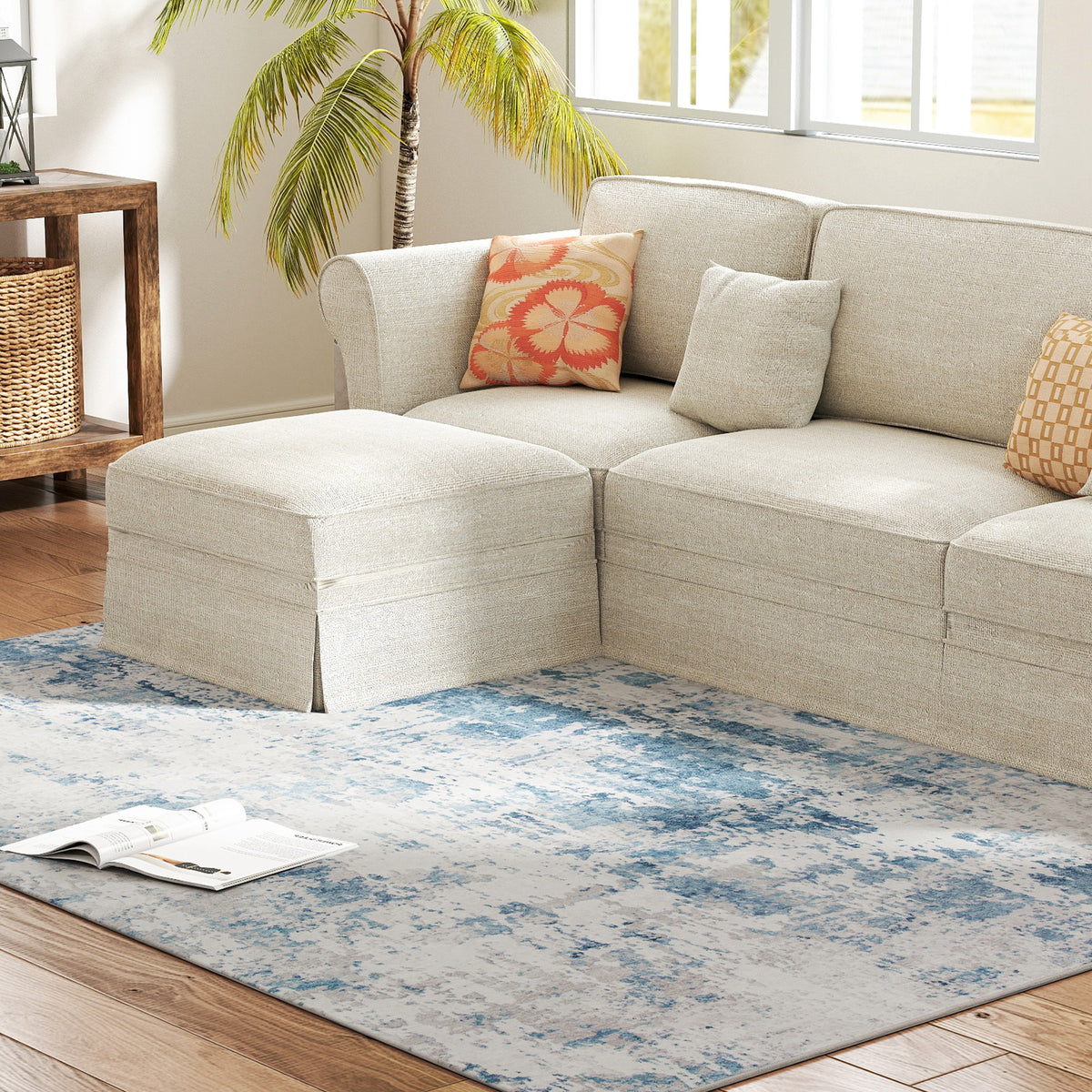 Area Rug 5x7 Machine Washable Non-Slip Blue Abstract Chenille Floor Carpet for Living Room, Bedroom and Dining Room