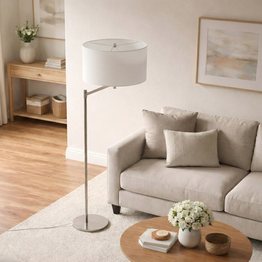 Horizon Brushed Nickel Table Lamp With Linen Shade, Curved Metal Base and On/Off Switch