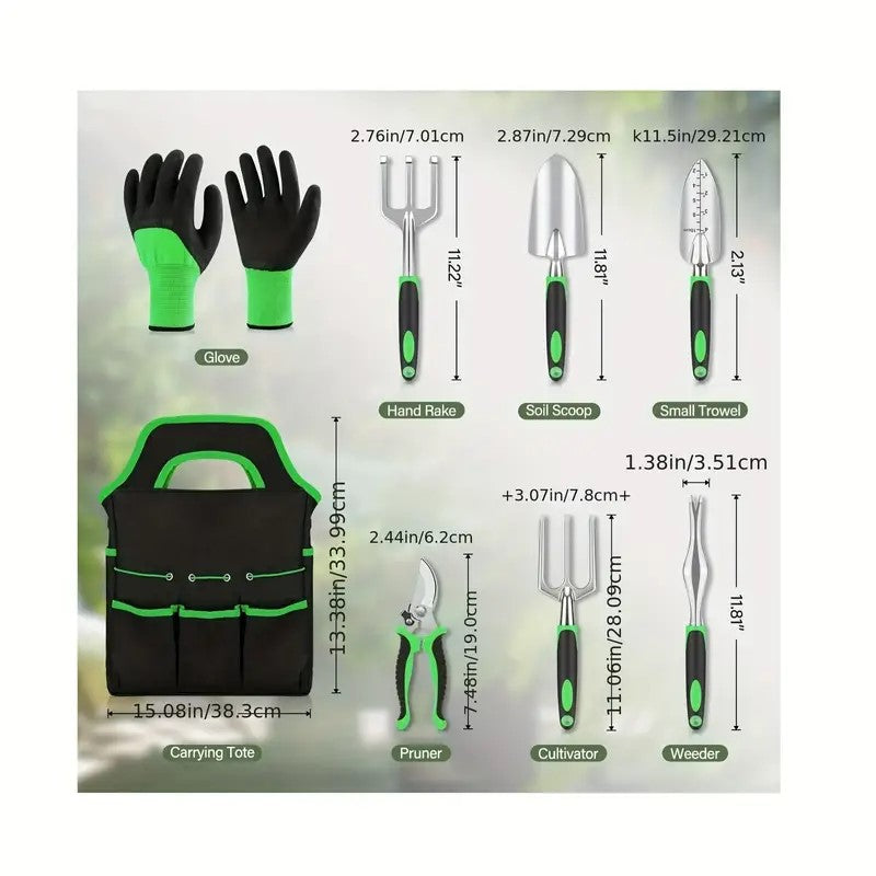 8 Piece Garden Tool Set With Storage Tote, Aluminum Alloy Hand Tools, Pruning Shears and Gloves, Green