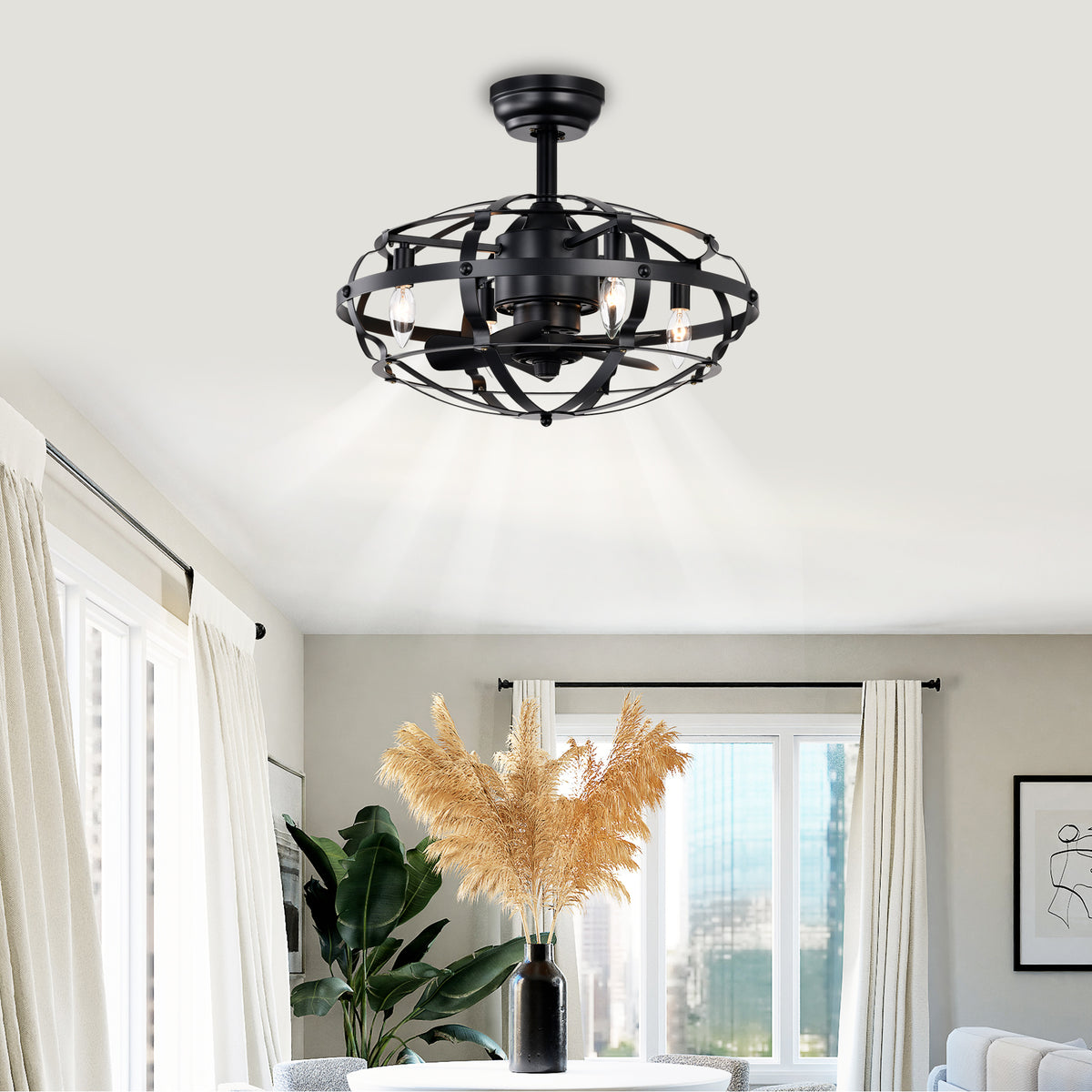 Caged Ceiling Fan With Lights, 20.63 Inch Matte Black Farmhouse Fandelier With Remote, 5 Blades, 4 Lights