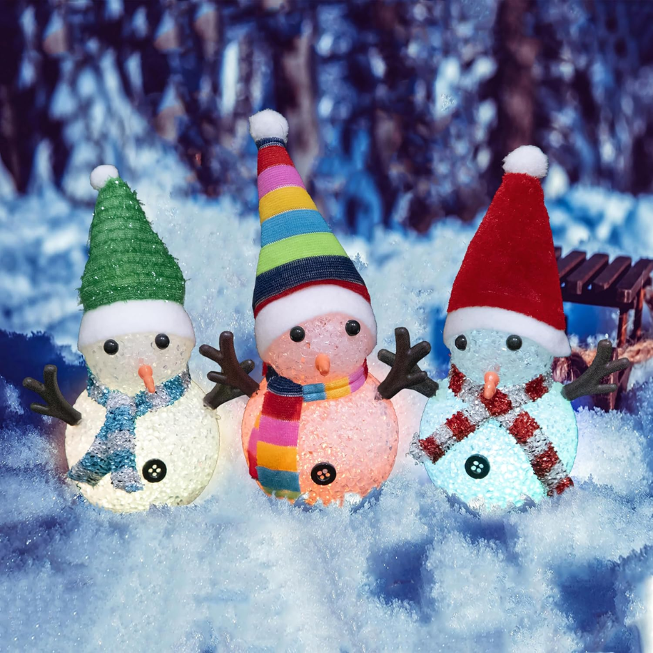 Light Up Snowman Figurines, Set of 3 Color Changing LED Christmas Decorations With Hats and Scarves