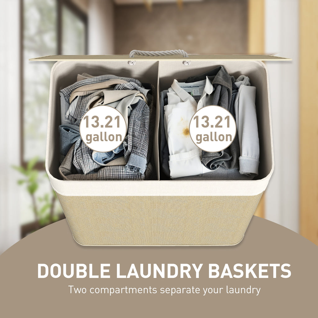 Double Laundry Basket With Lid, 26.4 Gallon Bamboo Laundry Hamper With Rope Handles and Removable Liner, Natural