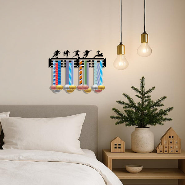 Soccer Medal Hanger Display Rack, Black Metal Wall-Mounted Sports Medal Holder with Player Silhouettes