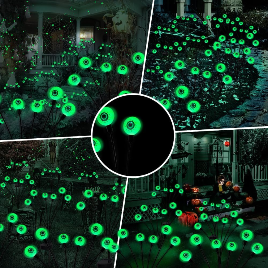 Solar Halloween Eyeball Stake Lights, 2 Pack 12 LED Green Swaying Firefly Yard Lights, Waterproof Outdoor Path Decor