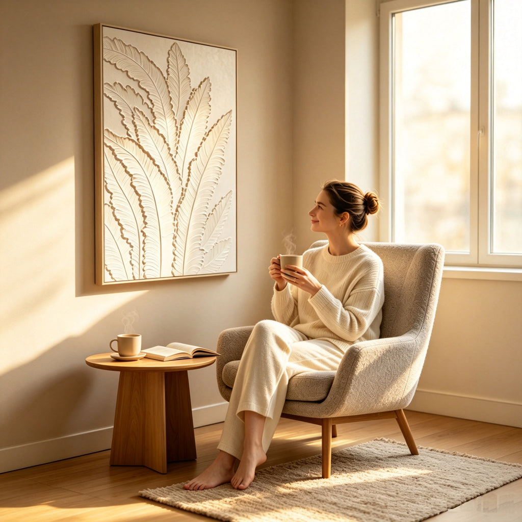 Framed Botanical Leaf Wall Art, 25 x 37 in Antique White Textured Canvas Painting, Minimalist Neutral Decor, Ready to Hang