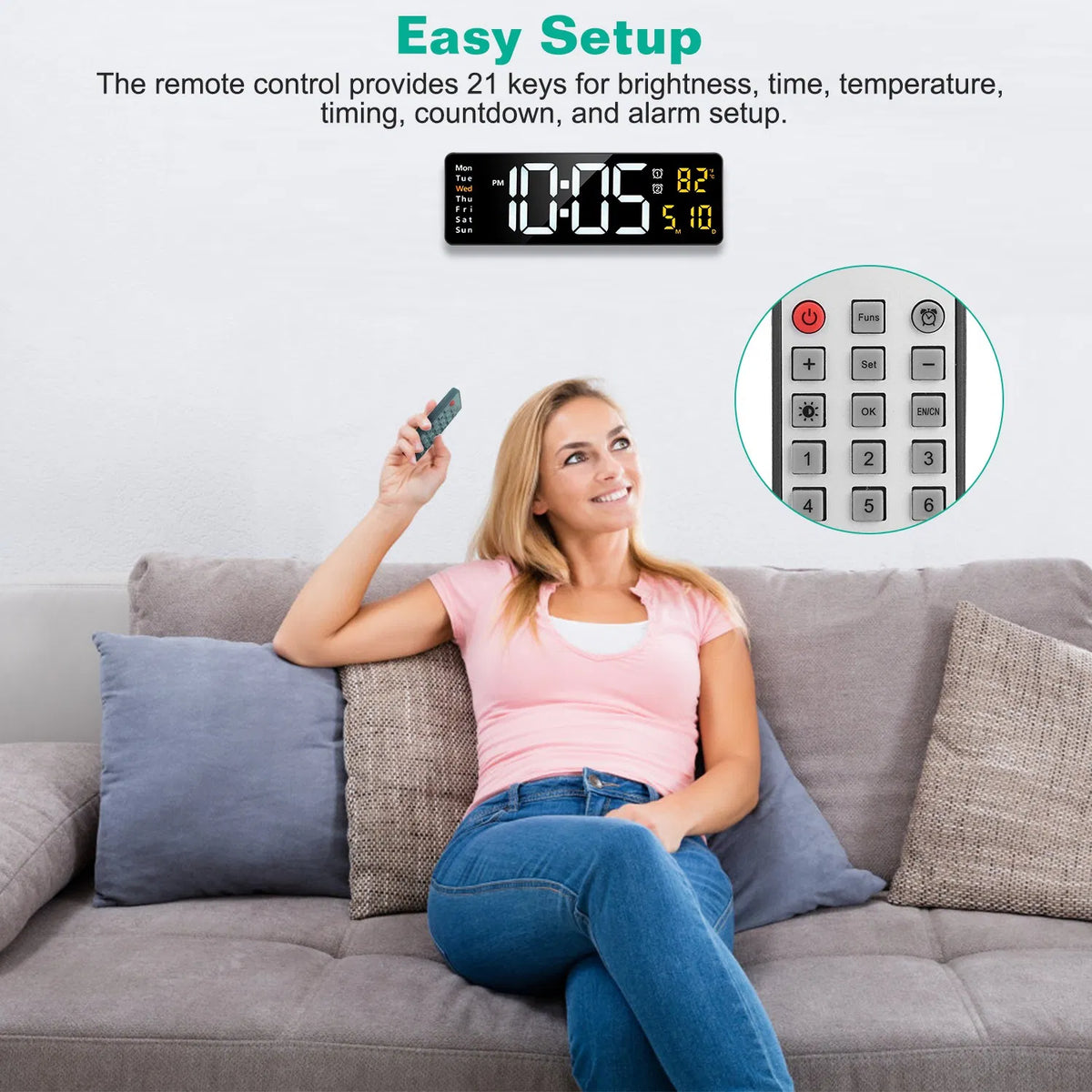 LED Digital Wall Clock, 15.7 in Black Display With Remote, 3 Alarms, Temperature and Calendar