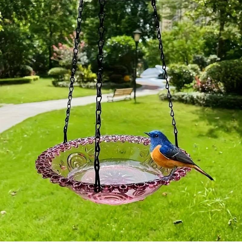 Hanging Bird Bath and Feeder Bowl, Embossed Floral Plastic Birdbath With Metal Chain for Garden and Yard, Grey or Purple