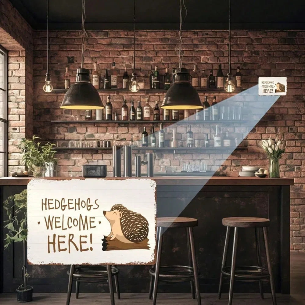 Hedgehog Welcome Here Metal Tin Sign, Distressed Garden Wall Decor for Porch, Fence or Yard