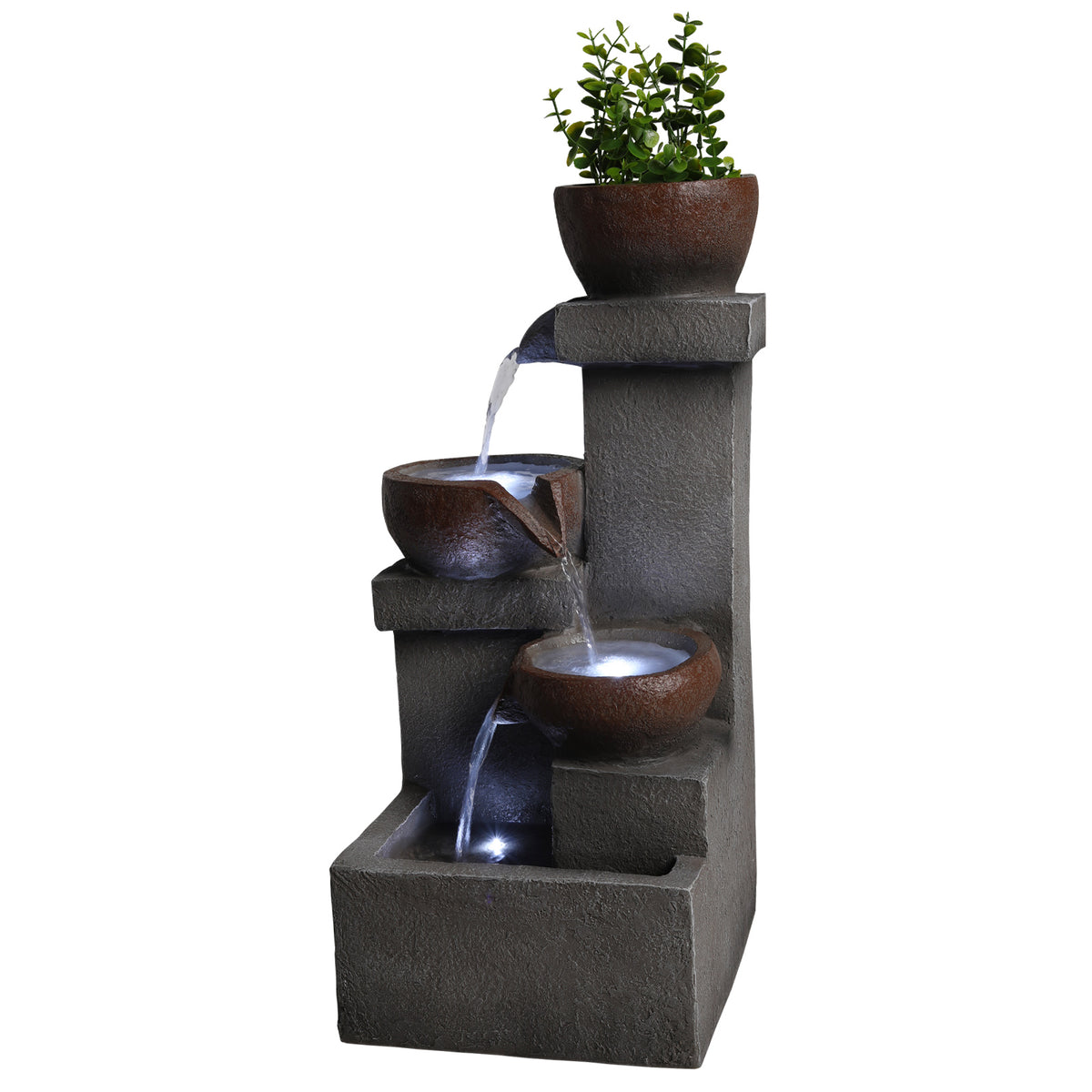 Outdoor Water Fountain With LED Lights, 23.6 in. Tiered Cascading Resin Garden Waterfall With Planter, Gray Stone Look