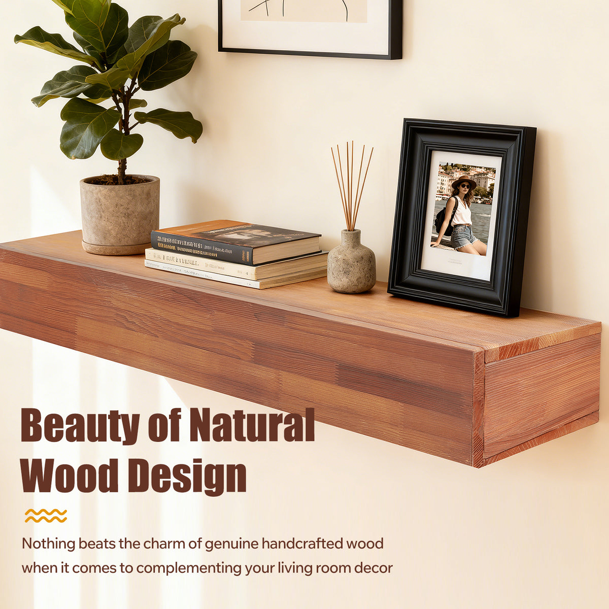 48 Inch Rustic Solid Wood Fireplace Mantel Shelf, Wall-Mounted Floating Shelf in Light Brown