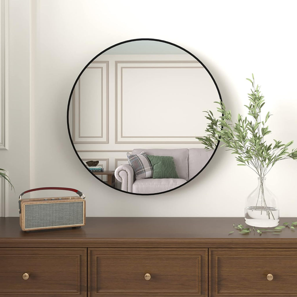 36 Inch Round Wall Mirror, Black Metal Framed Circle Mirror for Bathroom, Bedroom and Entryway