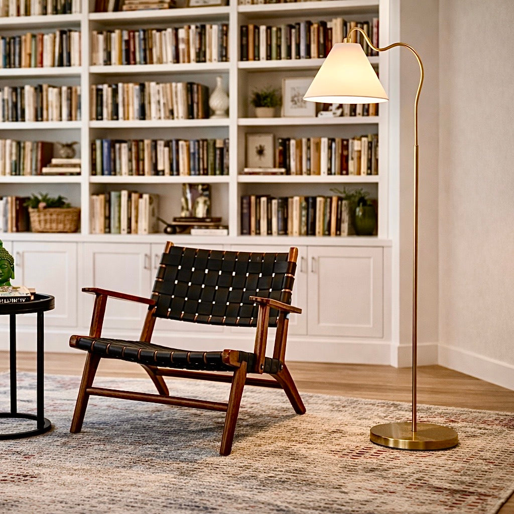 Curved Arc Floor Lamp With White Cone Shade, Brass Round Base, 60 in. Reading Lamp