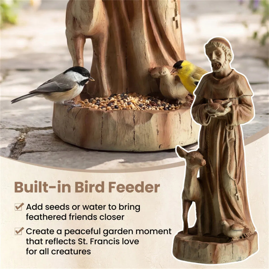 Saint Francis Garden Statue With Built-In Bird Feeder, 24.5" Brown Magnesium Oxide Outdoor Sculpture