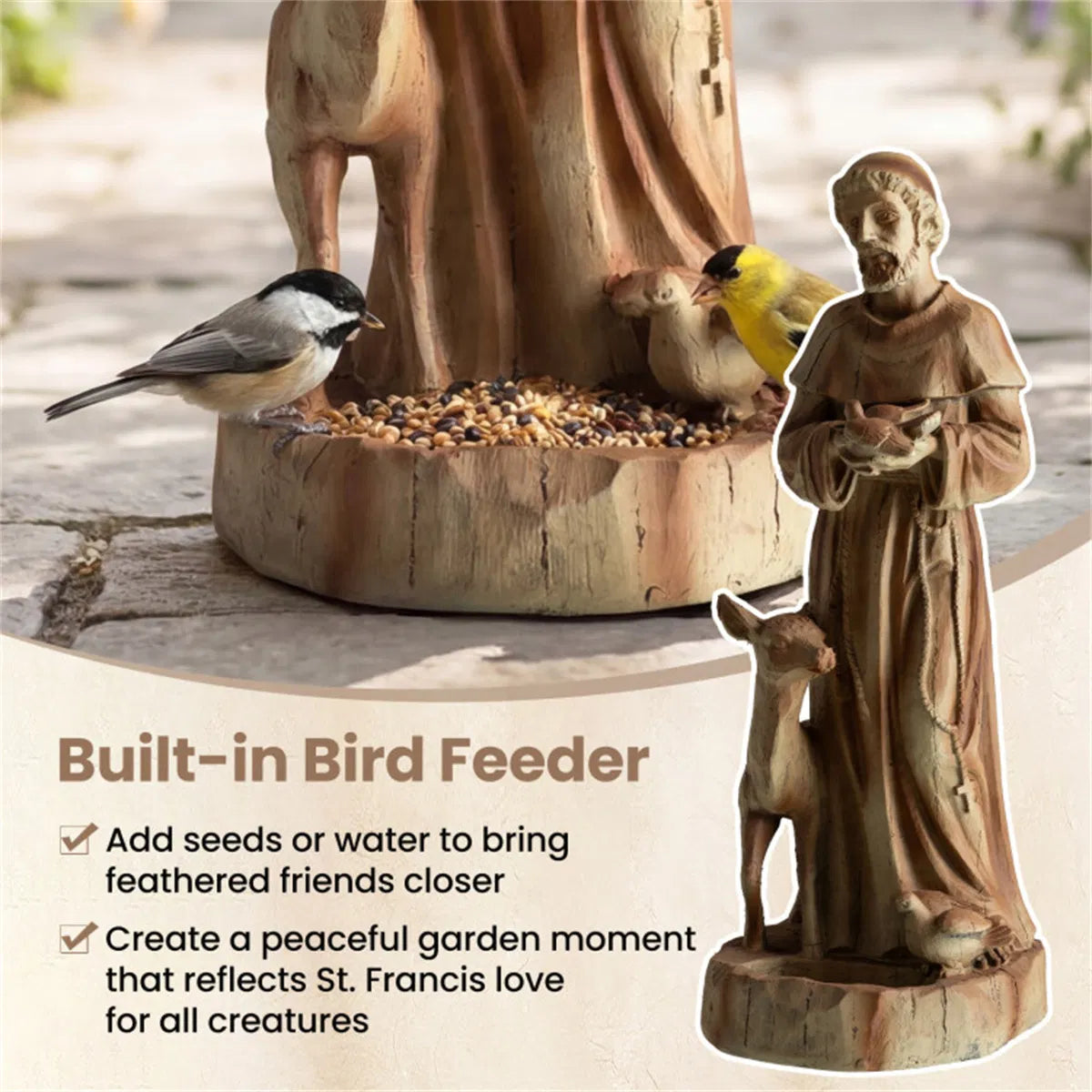 Saint Francis Garden Statue With Built-In Bird Feeder, 24.5" Brown Magnesium Oxide Outdoor Sculpture