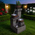 Outdoor Water Fountain With LED Lights, 23.6 in. Tiered Cascading Resin Garden Waterfall With Planter, Gray Stone Look