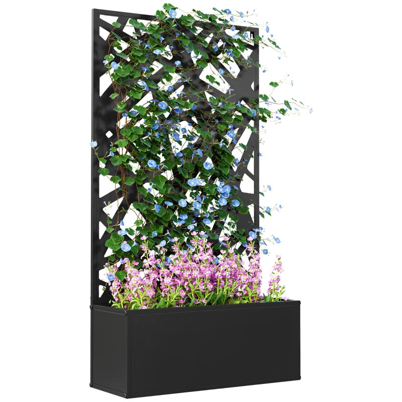 Metal Raised Garden Bed Planter Box With Trellis Privacy Screen, Black, Wall-Mounted or Freestanding, 24" x 9.1" x 44.5"
