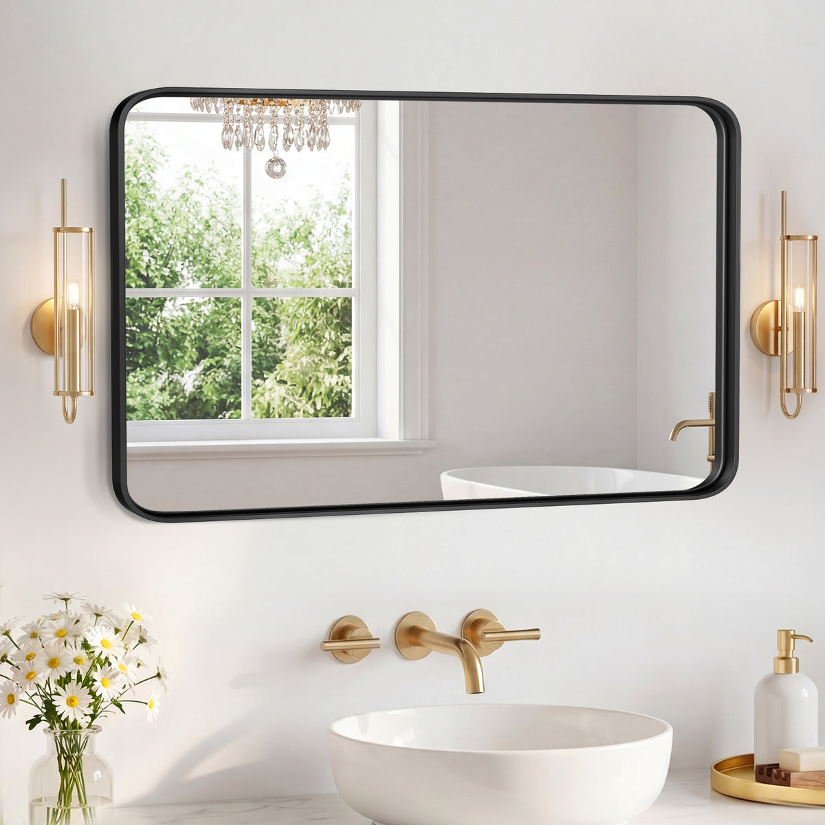 Rectangular Wall Mirror With Black Metal Frame, Rounded Corner Bathroom Vanity Mirror