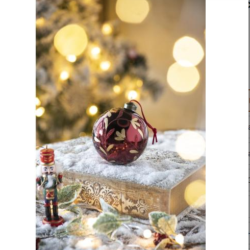 Red Glass Christmas Ball Ornaments, Set of 6 - 3.9" Hand-Painted Leaf Design Hanging Tree Baubles