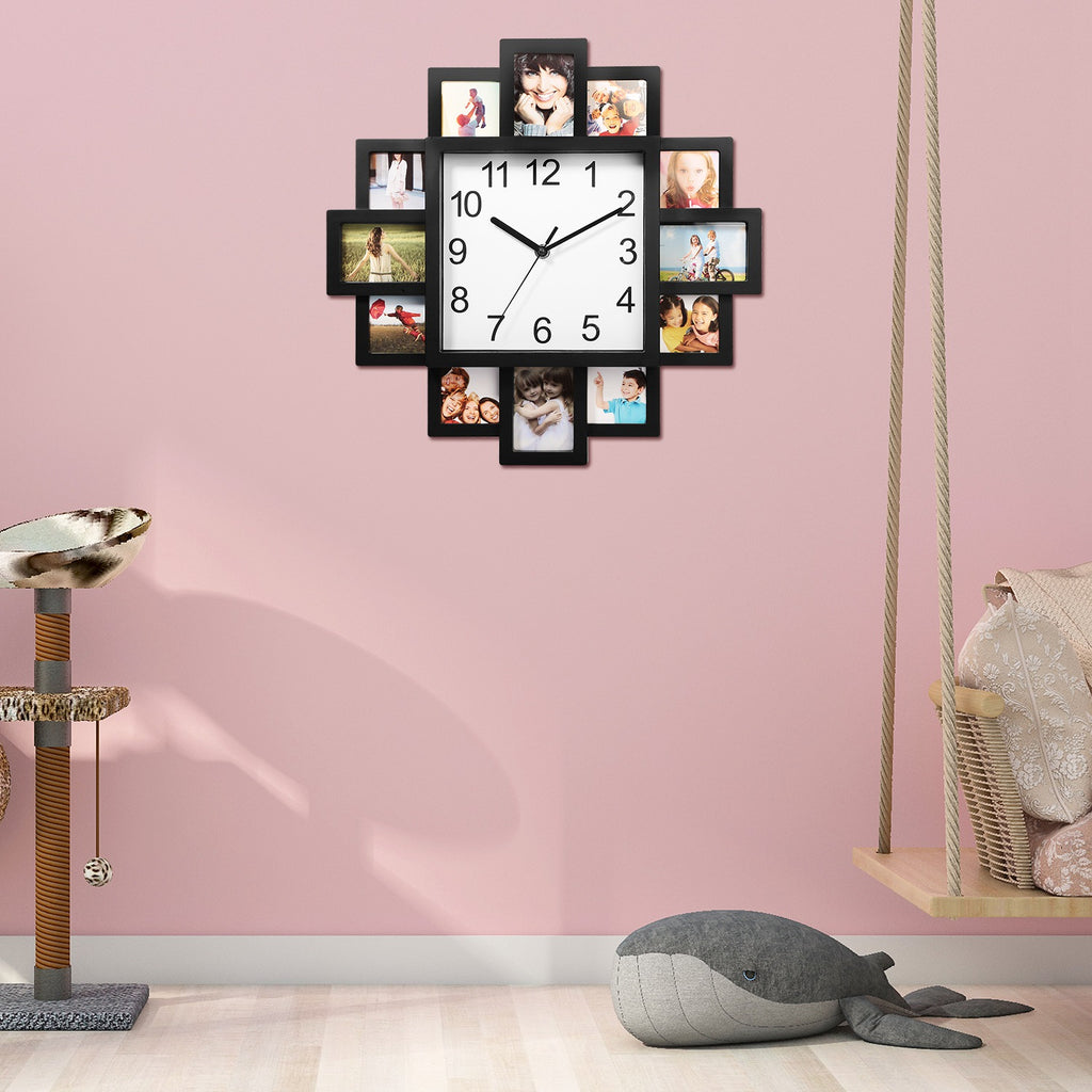 Photo Frame Wall Clock With 12 Picture Collage Openings, Black ABS, 15.35 In Square Family Photo Display