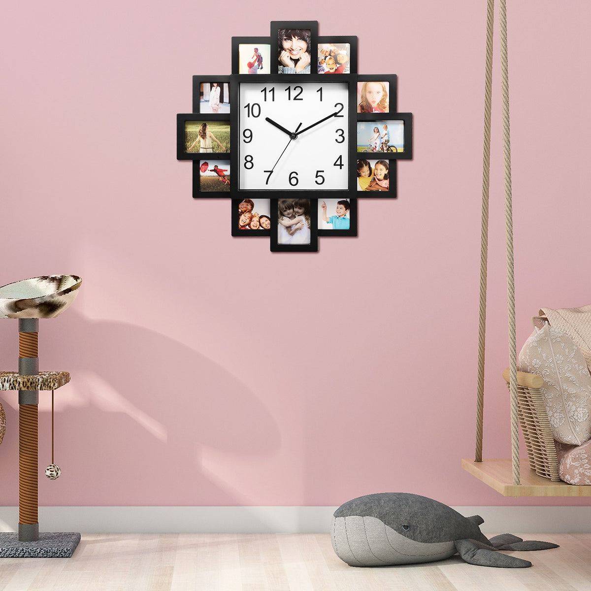 Photo Frame Wall Clock With 12 Picture Collage Openings, Black ABS, 15.35 In Square Family Photo Display