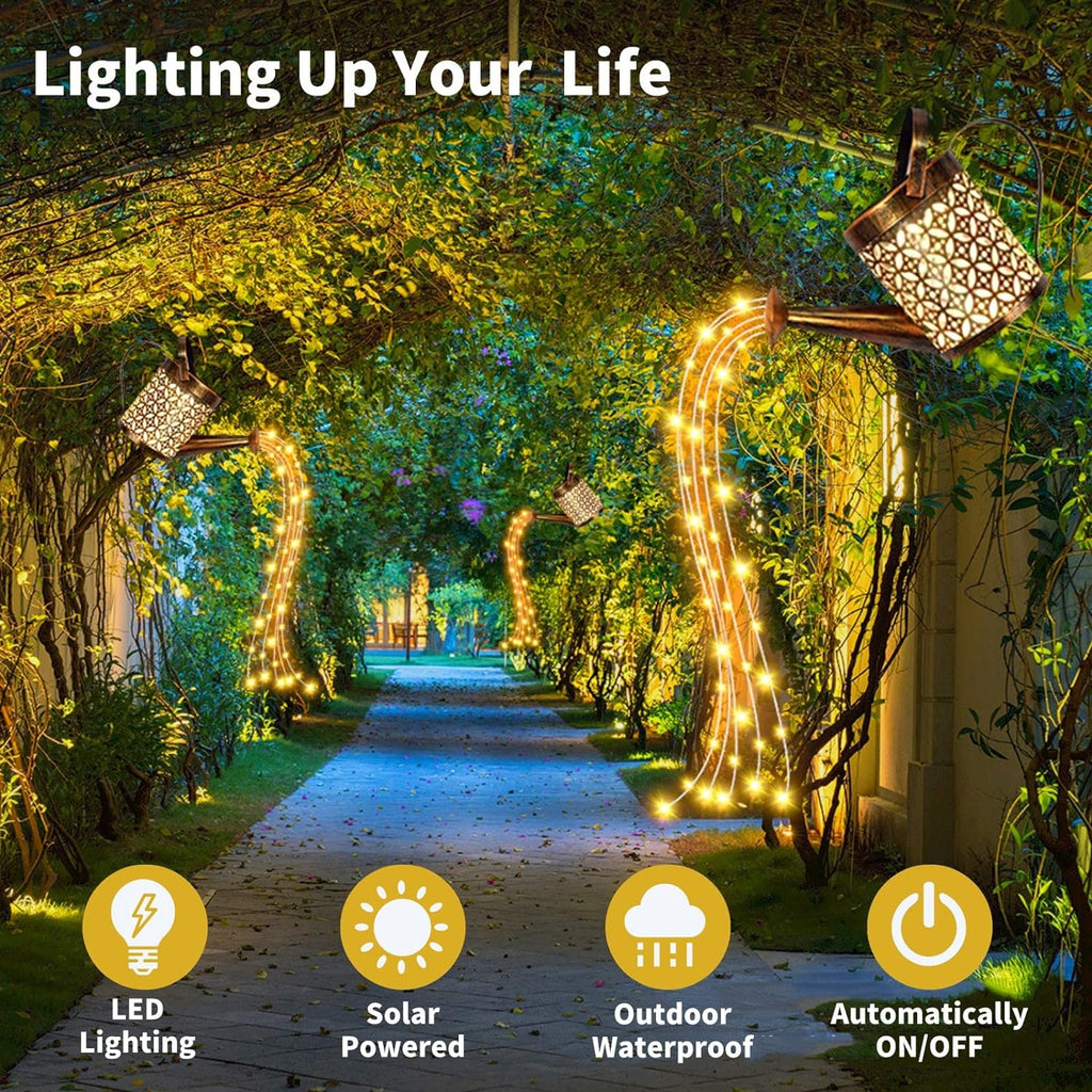 Solar Watering Can String Lights, 2 Pack Hanging Garden Lanterns With Shepherd Stakes, Warm White LED Outdoor Decor