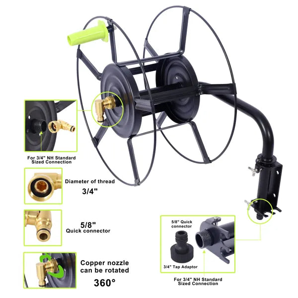 Wall Mount Garden Hose Reel With 180 Degree Swivel, Holds 82 Ft of 5/8 In Hose, Steel Hose Hanger With Quick Connectors
