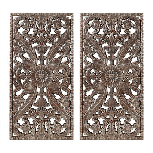 Distressed Carved Wood Wall Decor Set, 2 Piece Bronze Lotus Floral Panels, 15.75" x 31.5"