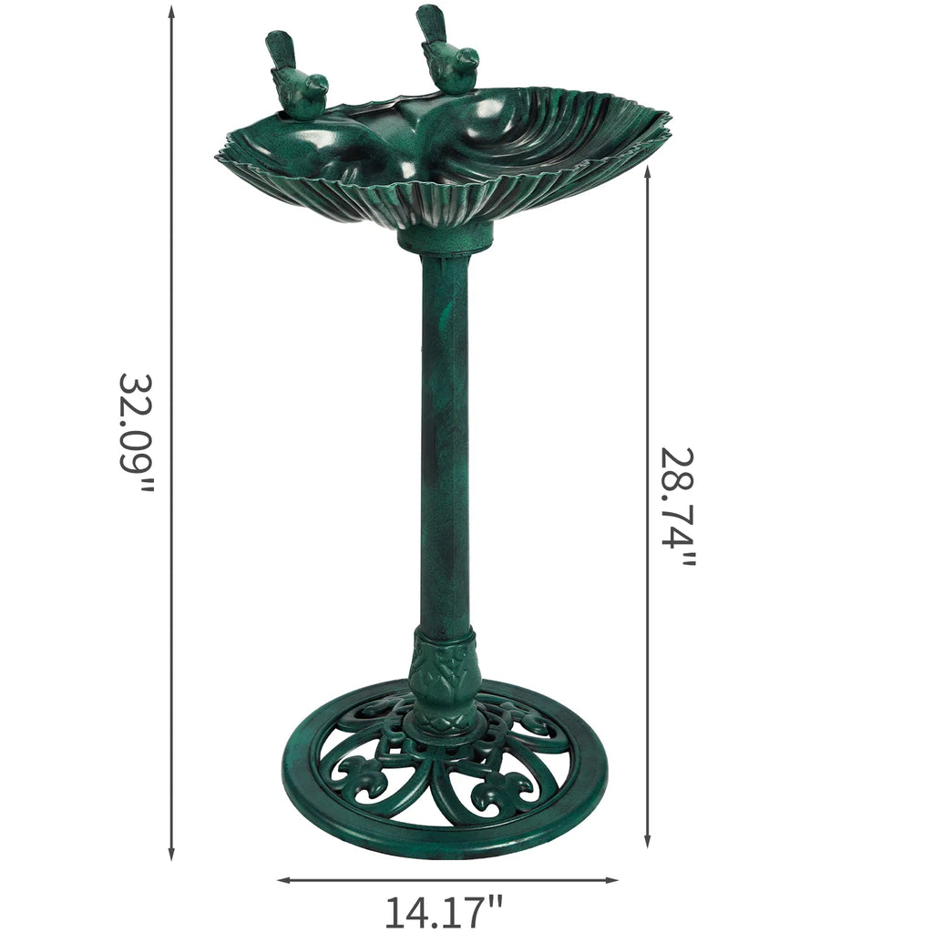 Resin Bird Bath With Solar Fountain, Dark Green Shell-Edge Basin on Pedestal, 1.4W Solar Pump, Outdoor Garden Decor