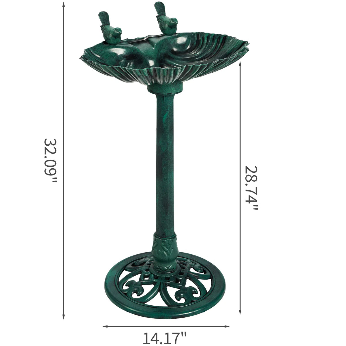 Resin Bird Bath With Solar Fountain, Dark Green Shell-Edge Basin on Pedestal, 1.4W Solar Pump, Outdoor Garden Decor