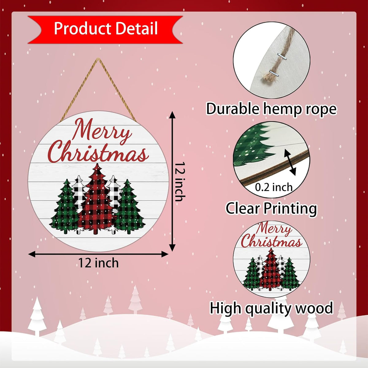 Merry Christmas Round Wood Door Sign, 12 Inch Buffalo Plaid Christmas Tree Wall Hanging Decor with Hemp Rope