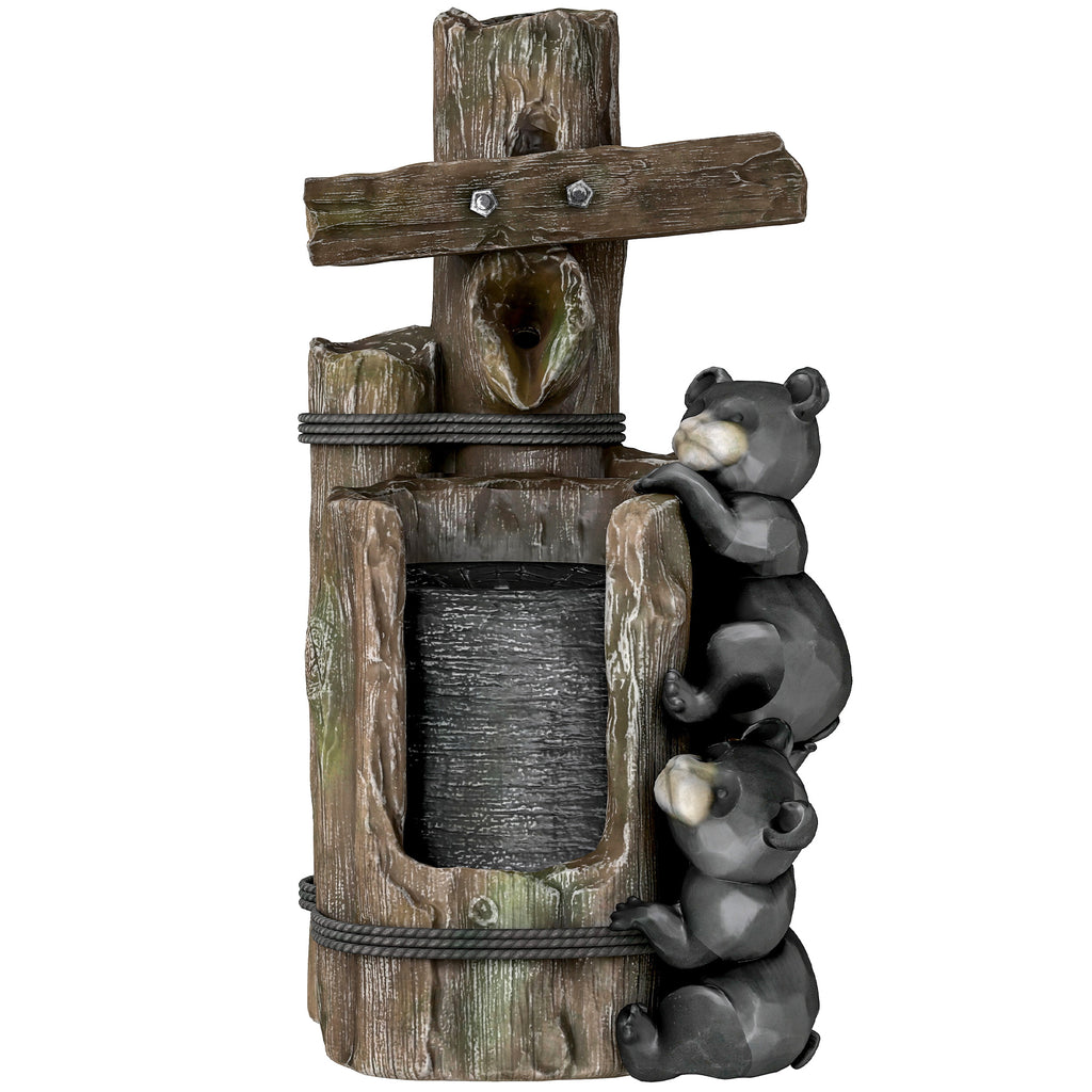 3-Tier Outdoor Water Fountain, 22.8" Resin Climbing Bears Log Waterfall with LED Lights and Pump, Brown