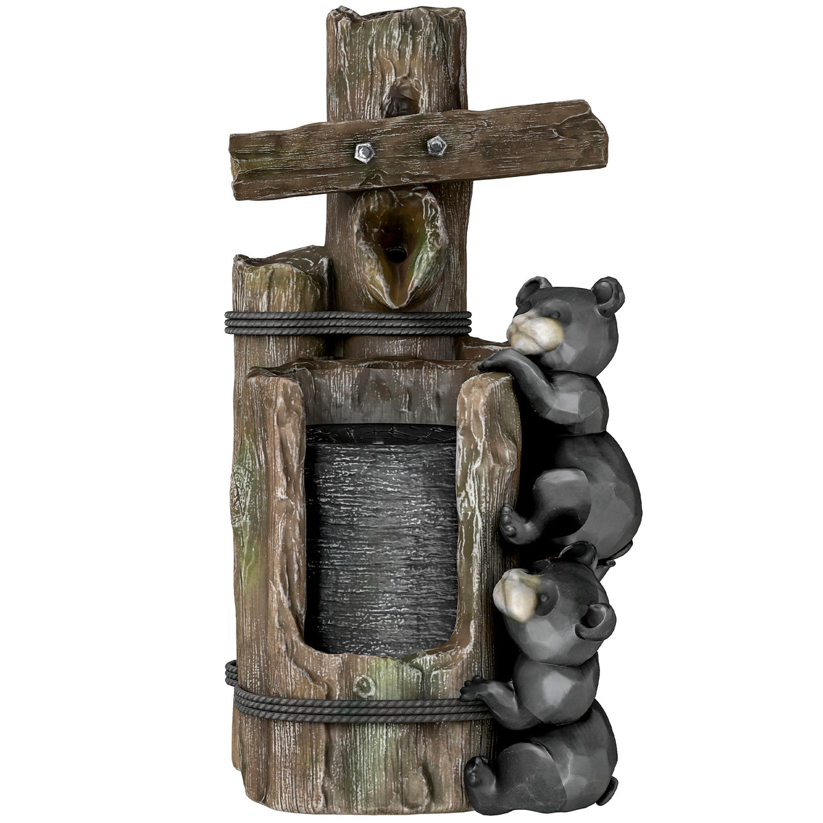 3-Tier Outdoor Water Fountain, 22.8" Resin Climbing Bears Log Waterfall with LED Lights and Pump, Brown