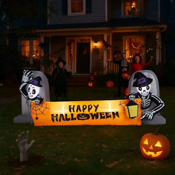 Halloween Inflatable Skeleton Tombstone Banner, 9.6 FT Lighted Outdoor Yard Decoration With 4 Built-In LEDs
